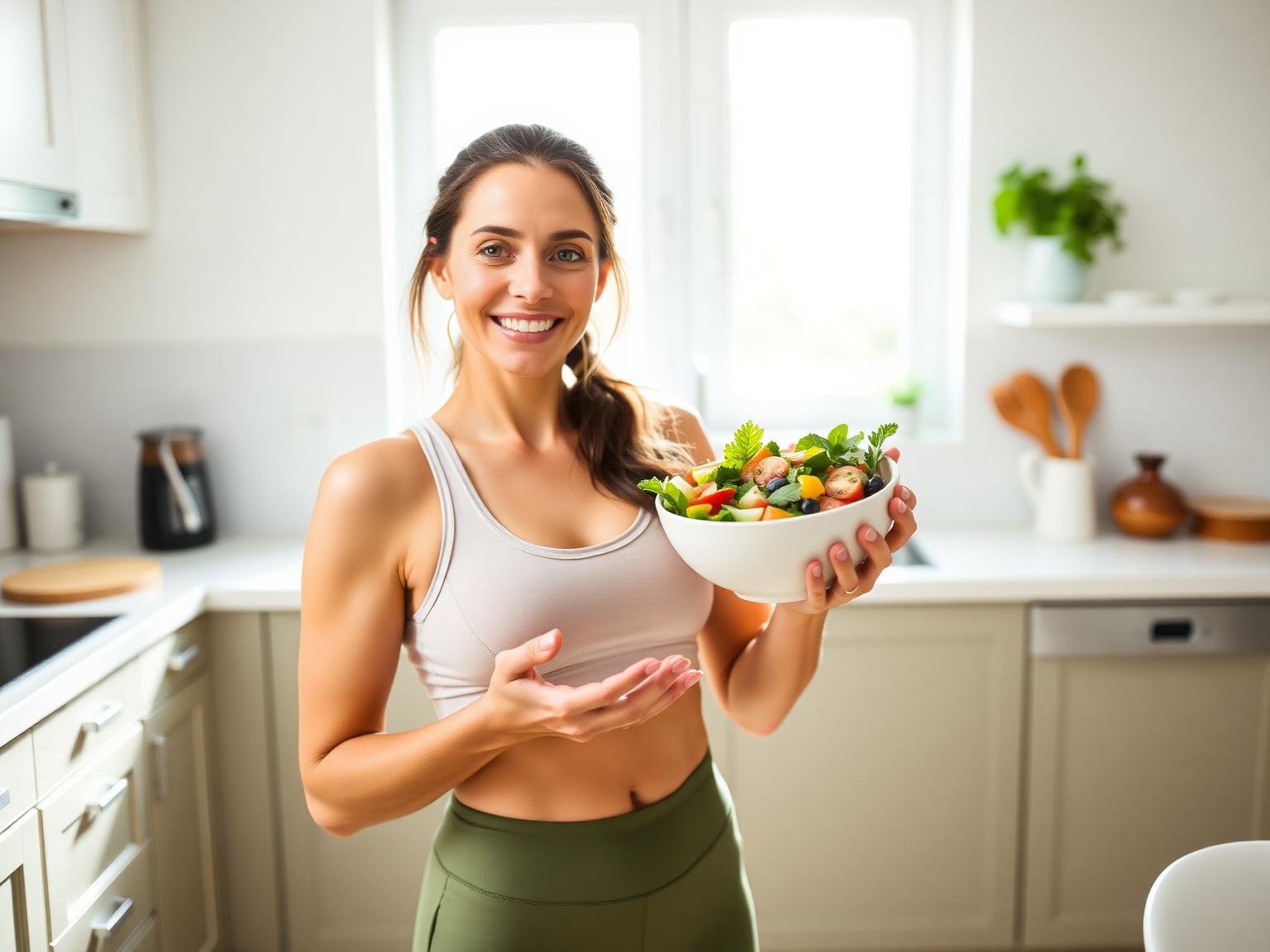 Mom in athletic wear holding a fresh bowl of vegetables